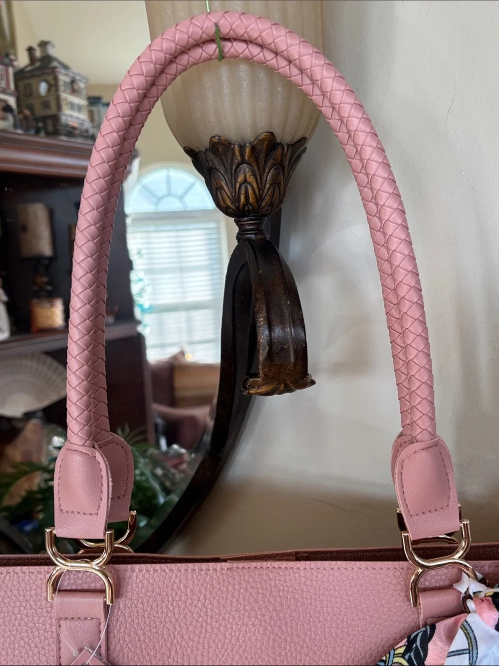 Ulta Dusty Rose Pink Pebbled Tote Bag Office Laptop Scarf Accent Bow Braided